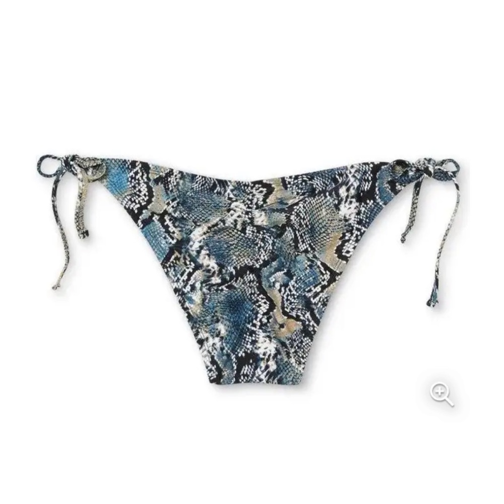 Lg NEW Shade & Shore Cheeky Triangle Tie Ruched Bikini Bottoms Blue Snakeskin - Picture 7 of 8